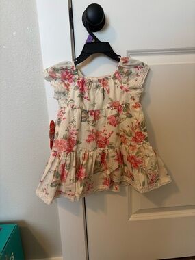 Floral Ruffle Baby Dress - Cream with Pink Roses